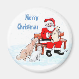 Frohe Weihnachten - Weihnachtsmann mit Katze und Magnet