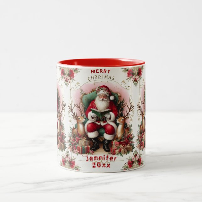 Frohe Weihnachten Weihnachtsmann Reading to Rentie Zweifarbige Tasse (Mittel)