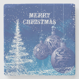 Frohe Weihnachten Weiß & Blau Weihnachtsbaumen Steinuntersetzer