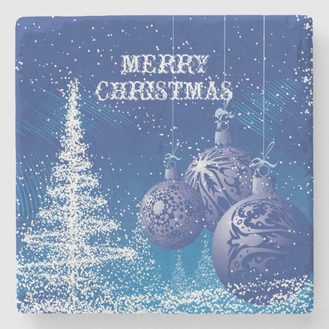 Frohe Weihnachten Weiß & Blau Weihnachtsbaumen Steinuntersetzer (Vorderseite)