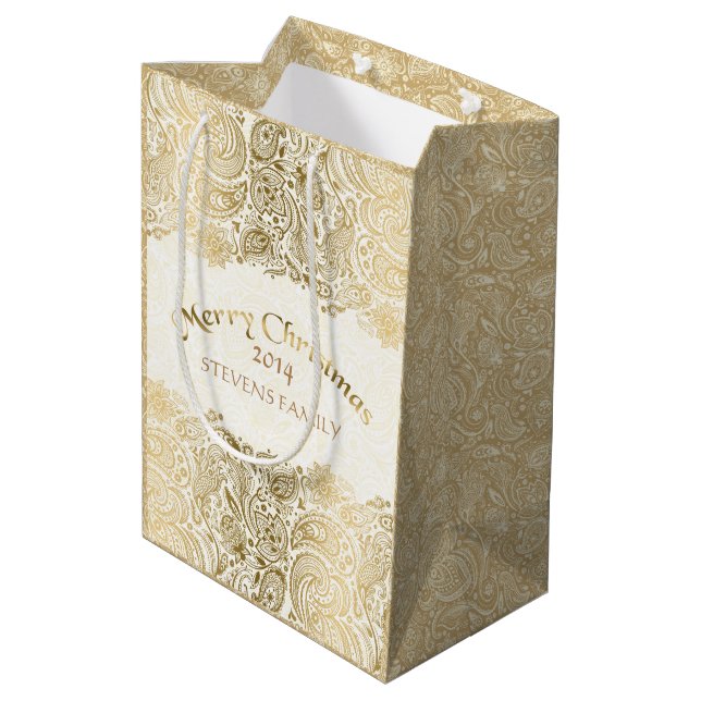 Frohe Weihnachten-Weiß & Gold Floral Paisley Lace Mittlere Geschenktüte (Rückseite Schrägansicht)