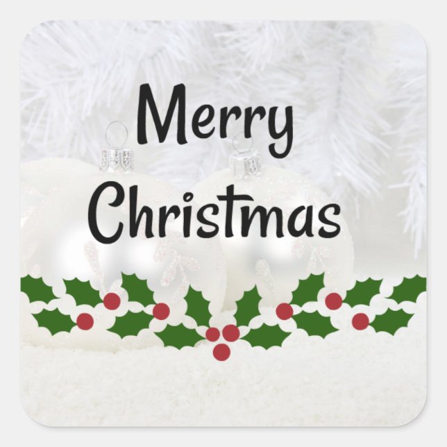 Frohe Weihnachten, weiße Baubeln Hintergrund, Quadratischer Aufkleber (Vorderseite)