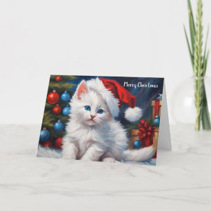 Frohe Weihnachten Weiße Katze und Weihnachtsbaum Karte