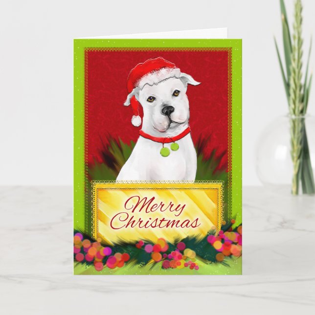 Frohe Weihnachten weiße Pitbull Weihnachtskarte (Vorderseite)
