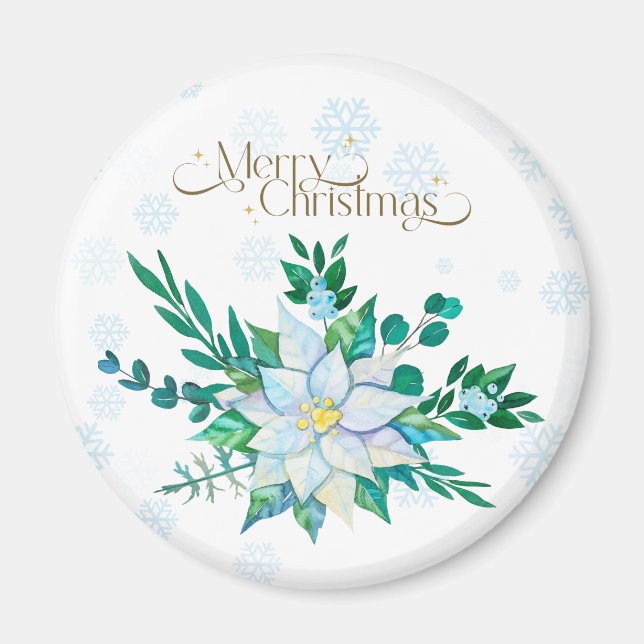 Frohe Weihnachten Weiße Poinsettia Schneeflocken Magnet (Vorne)
