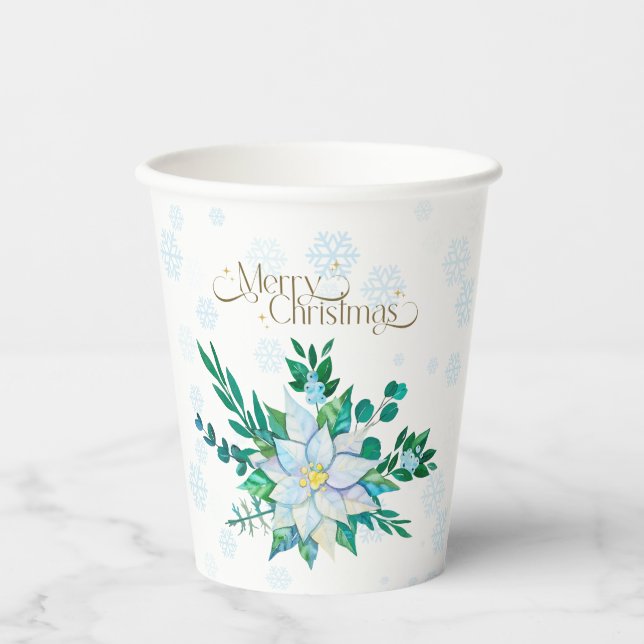 Frohe Weihnachten Weiße Poinsettia Schneeflocken Pappbecher (Vorderseite)
