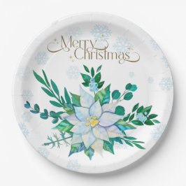 Frohe Weihnachten Weiße Poinsettia Schneeflocken Pappteller
