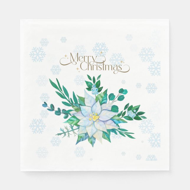 Frohe Weihnachten Weiße Poinsettia Schneeflocken Serviette (Vorderseite)