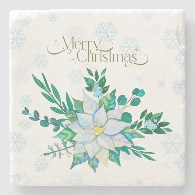 Frohe Weihnachten Weiße Poinsettia Schneeflocken Steinuntersetzer (Vorderseite)