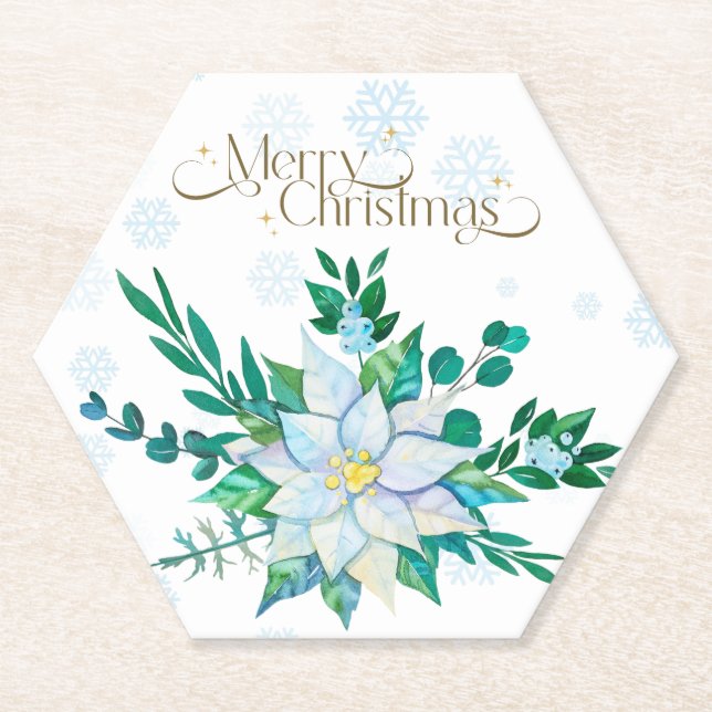 Frohe Weihnachten Weiße Poinsettia Schneeflocken Untersetzer (Vorderseite)