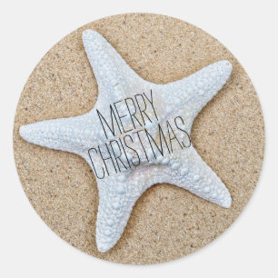 Frohe Weihnachten Weißer Starfish am Strand Runder Aufkleber
