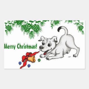 Frohe Weihnachten! Welpe mit Bell und Ball Rechteckiger Aufkleber