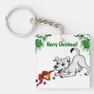 Frohe Weihnachten! Welpe mit Glocke und Ball Schlüsselanhänger