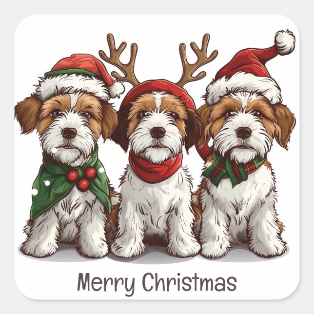 Frohe Weihnachten Welsh Wire Fox Terrier Hunde Quadratischer Aufkleber (Vorderseite)
