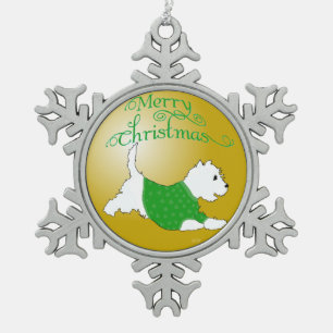 Frohe Weihnachten Westie Weihnachtsbaumanhänger Schneeflocken Zinn-Ornament