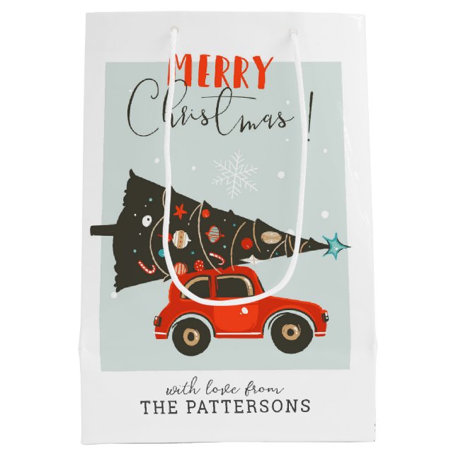 Frohe Weihnachten Whimsical Car Tree Personalisier Mittlere Geschenktüte (Rückseite)