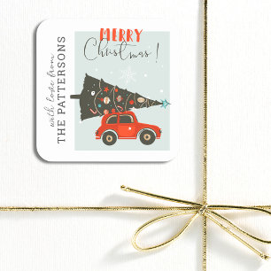 Frohe Weihnachten Whimsical Car Tree Personalisier Quadratischer Aufkleber