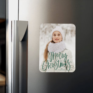 Frohe Weihnachten Whimsical Green Script Foto Magnet