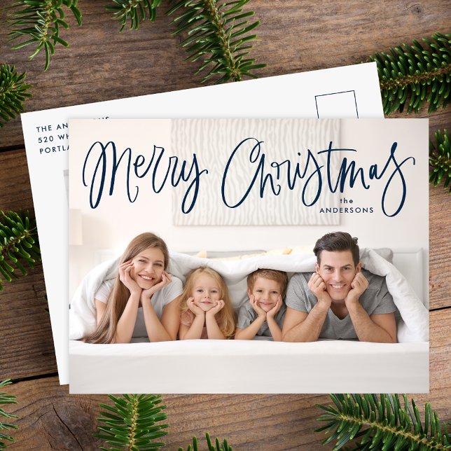 Frohe Weihnachten Whimsical Navy Script Foto (Von Creator hochgeladen)