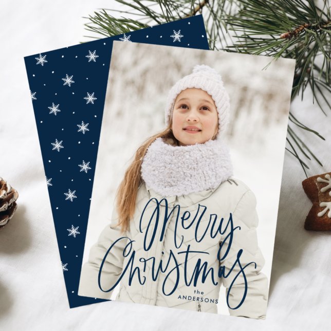 Frohe Weihnachten Whimsical Navy Script Foto (Von Creator hochgeladen)