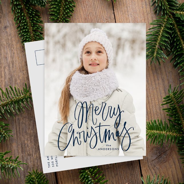 Frohe Weihnachten Whimsical Navy Script Foto (Von Creator hochgeladen)