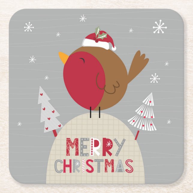 Frohe Weihnachten Whimsical Robin Rechteckiger Pappuntersetzer (Vorderseite)