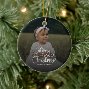 Frohe Weihnachten Whimsical Schrift Baby-Foto Keramik Ornament
