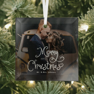 Frohe Weihnachten Whimsical Schrift  Benutzerdefin Ornament Aus Glas