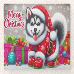 Frohe Weihnachten Whimsical sibirischen Husky Dog  Glasuntersetzer