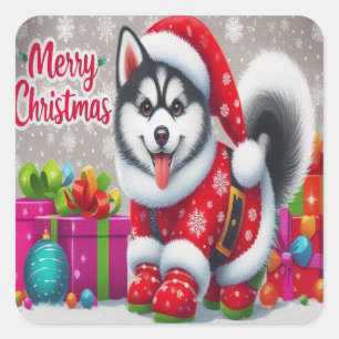 Frohe Weihnachten Whimsical sibirischen Husky Dog  Quadratischer Aufkleber