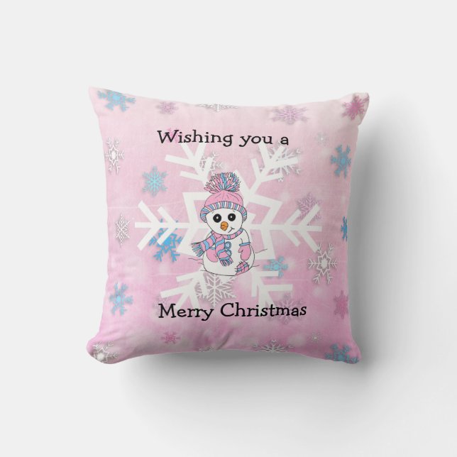 Frohe Weihnachten Whimsical Snowman und Snowflake Kissen (Vorderseite)