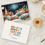 Frohe Weihnachten Whimsical Winter Village<br><div class="desc">Diese individuell gestaltbare Weihnachtskarte besticht durch eine wunderschöne, skurrile Winterdörfsszene vorne, mit farbenfrohen Häusern, Set gegen eine schneebedeckte Landschaft unter einem Sternenhimmel. Der charmante, von Hand gezeichnet Stil erinnert an eine gemütliche, festliche Atmosphäre, die sich perfekt für den Weihnachtsjubiläum eignet. Auf der Rückseite bietet die Karte ein modernes, minimalistisches Design...</div>