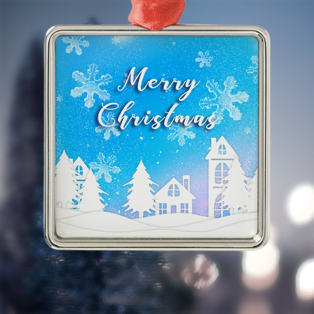 Frohe Weihnachten White Snow House Blue Ornament Aus Metall (Von Creator hochgeladen)