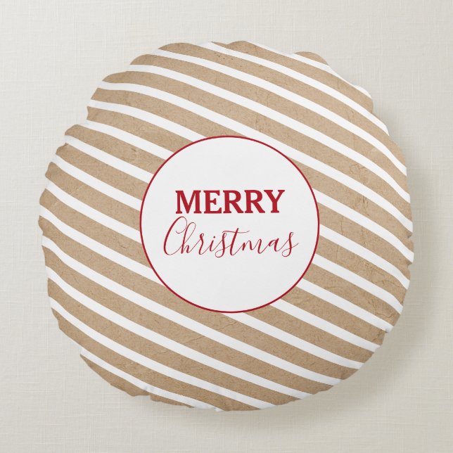 Frohe Weihnachten White Stripes Kraft rustikal Rundes Kissen (Vorderseite)