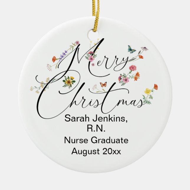 Frohe Weihnachten Wild Blume R.N. Nurse Graduate Keramik Ornament (Vorne)