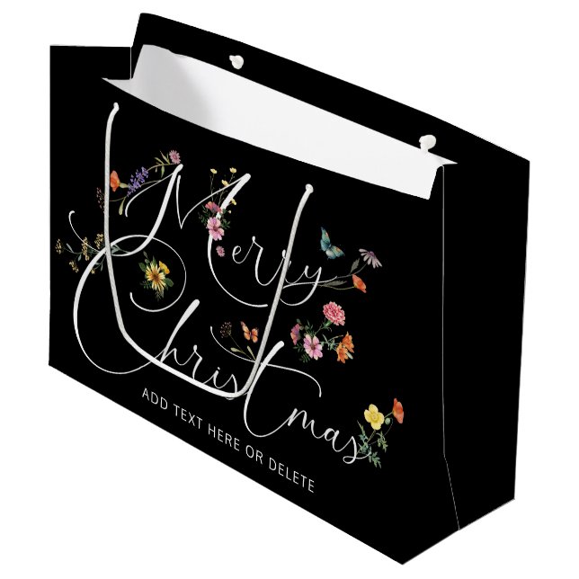 Frohe Weihnachten Wilde Blume Urlaub Schwarz Moder Große Geschenktüte (Vorderseite Schrägansicht)