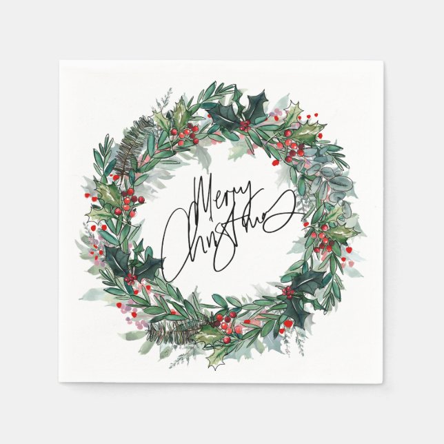 Frohe Weihnachten Winter Berry Wreath Urlaub Serviette (Vorderseite)