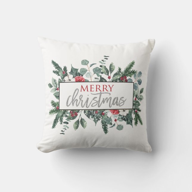 Frohe Weihnachten Winter blühende Schwarz Kariert Kissen (Vorderseite)