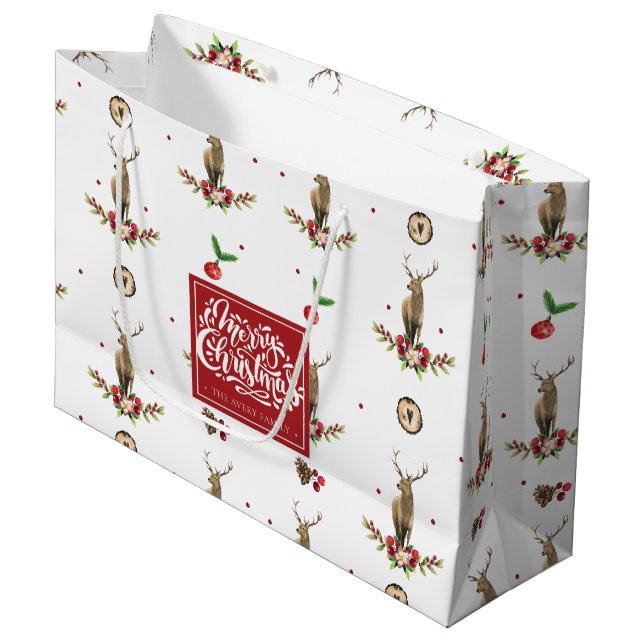 Frohe Weihnachten Winter Idyll Deer Personalisiert Große Geschenktüte (Vorderseite Schrägansicht)