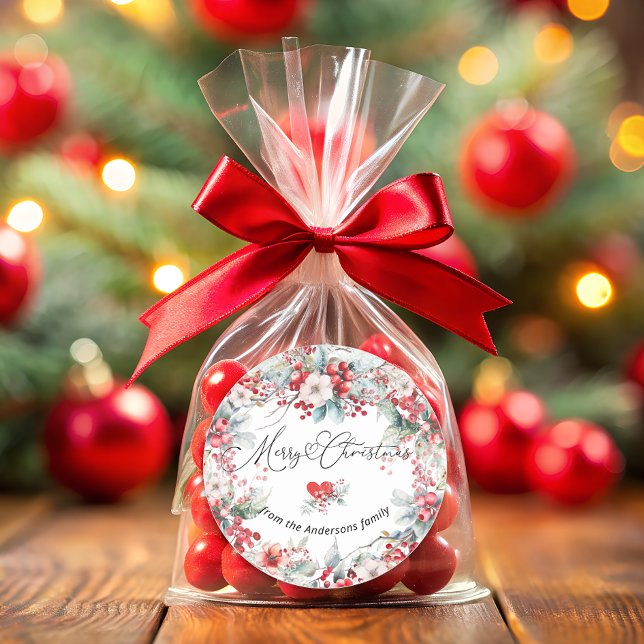 Frohe Weihnachten Winter Red Floral Botanical Runder Aufkleber (Von Creator hochgeladen)