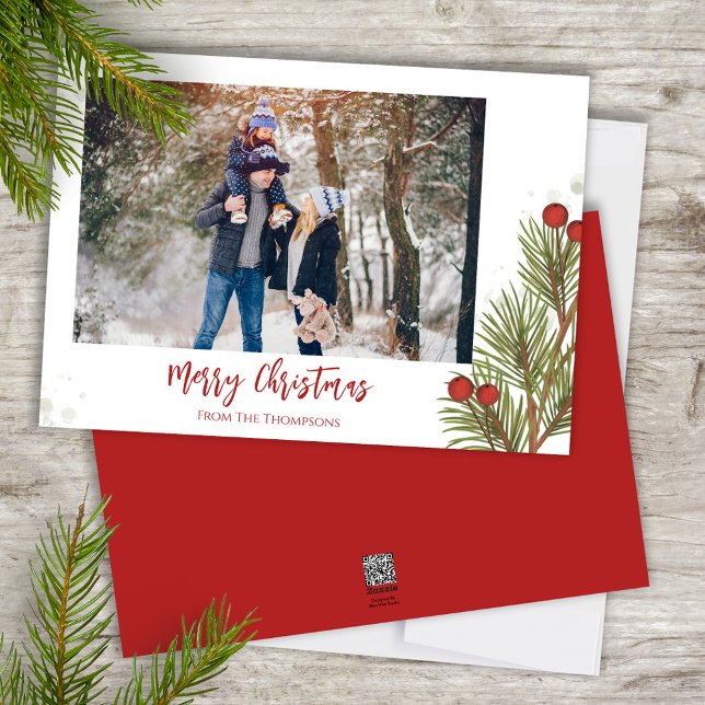 Frohe Weihnachten Winter Red Holly Berries 1 Foto (Merry Christmas watercolor greenery holiday photo card template. )