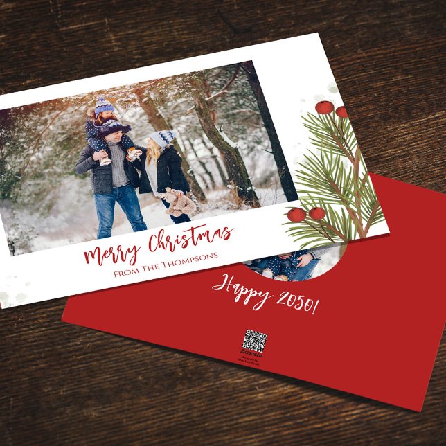 Frohe Weihnachten Winter Red Holly Berries 2 Foto (Merry Christmas watercolor greenery holiday photo card with a two photo template. )