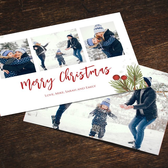 Frohe Weihnachten Winter Red Holly Berries 4 Foto (Merry Christmas watercolor greenery holiday photo card with a four-photo template. )