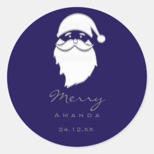 Frohe Weihnachten Winter Silver Blu Marine Santa Runder Aufkleber