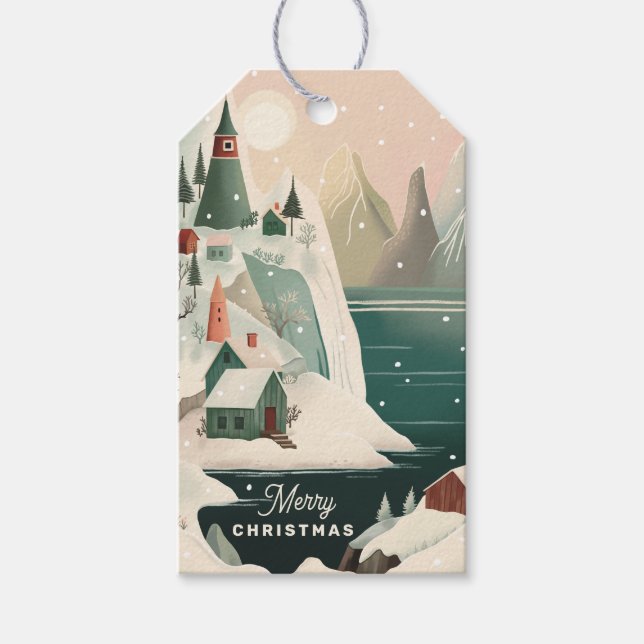 Frohe Weihnachten. Wintergebirgslandschaft Geschenkanhänger (Vorderseite)