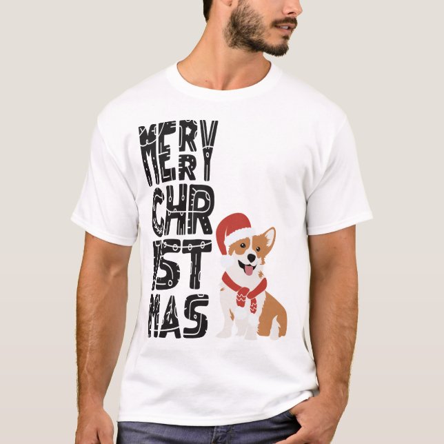 Frohe Weihnachten - Xmas Corgi Wearing Weihnachtsm T-Shirt (Vorderseite)