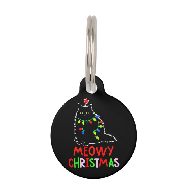Frohe Weihnachten Xmas Lichter schwarze Katzen-Pyj Haustiermarke (Vorderseite)