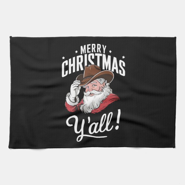 Frohe Weihnachten Y'all Country Cowboy Santa Claus Geschirrtuch (Horizontal)
