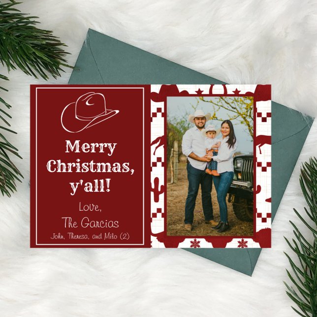 Frohe Weihnachten Y'all Cowboy Foto Holiday Card (Merry Christmas y'all funny western cowboy texan christmas card red & white ugly sweater cowboy hat)