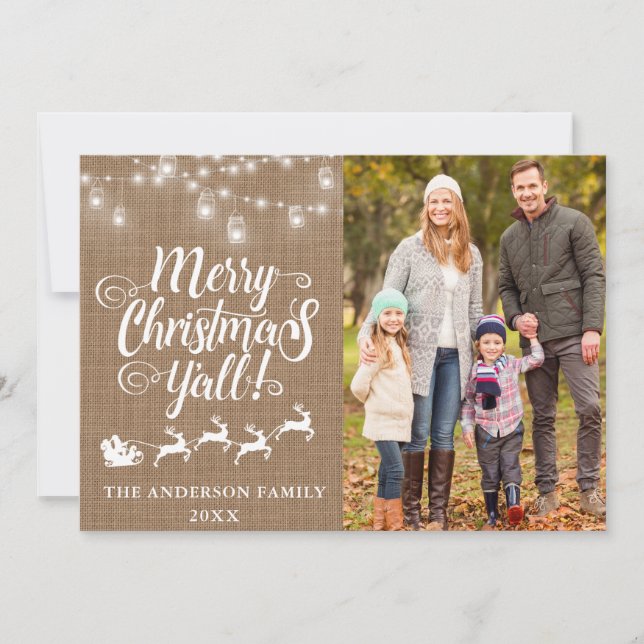 Frohe Weihnachten Y'all Lights Burlap Family Foto (Vorderseite)